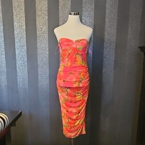 Zara Strapless Neon Coral Floral Ruched Midi Dress Built In Underwire